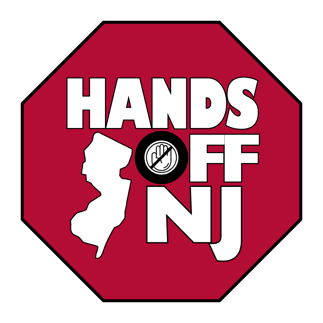 A stop sign shaped logo where the text inside says, "Hands Off NJ," along with the shape of New Jersey.